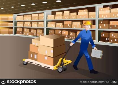 A vector illustration of man working pulling a cart full of boxes in a warehouse