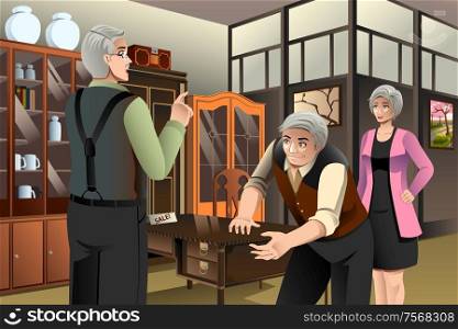 A vector illustration of mature couple buying antique furniture at the furniture store