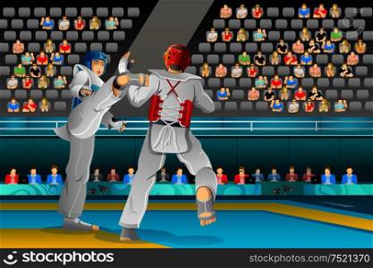 A vector illustration of Men competing in a Taekwondo competition for sport competition series