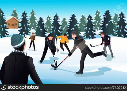 A vector illustration of men playing ice hockey