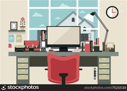 A vector illustration of modern home office interior in flat design