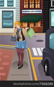A vector illustration of modern woman talking on the phone while walking in the city