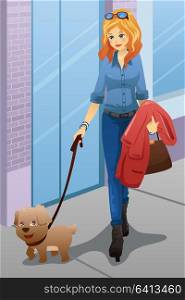 A vector illustration of modern woman walking with her dog in the city