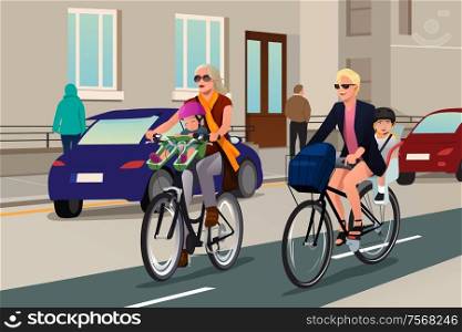 A vector illustration of modern women biking in the city with their kids