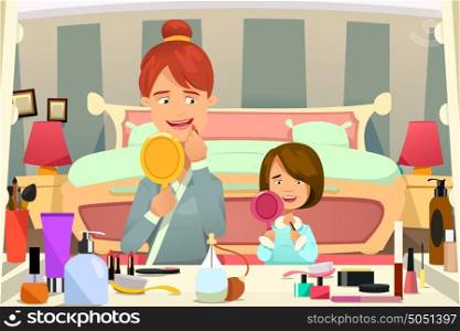 A vector illustration of Mother and Daughter Applying Makeup