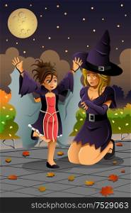 A vector illustration of mother and her daughter wearing Halloween costumes