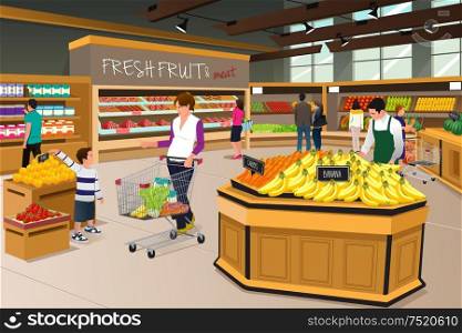 A vector illustration of mother and her son shopping in a grocery store