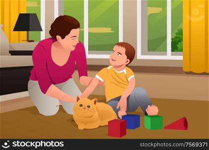 A vector illustration of Mother and Son Playing With a Cat at Home