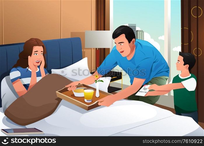A vector illustration of Mother Getting Breakfast in Bed Surprise on Mothers Day