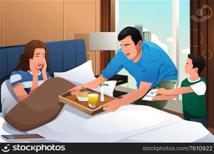 A vector illustration of Mother Getting Breakfast in Bed Surprise on Mothers Day