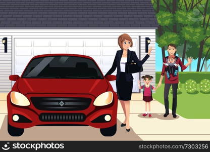 A vector illustration of mother going to work while father taking care their children 