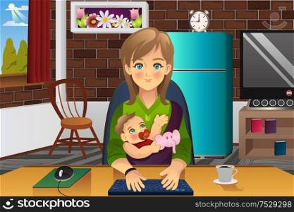 A vector illustration of mother holding her baby while working at home