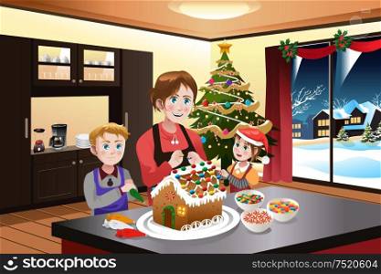 A vector illustration of mother making gingerbread house with her kids together