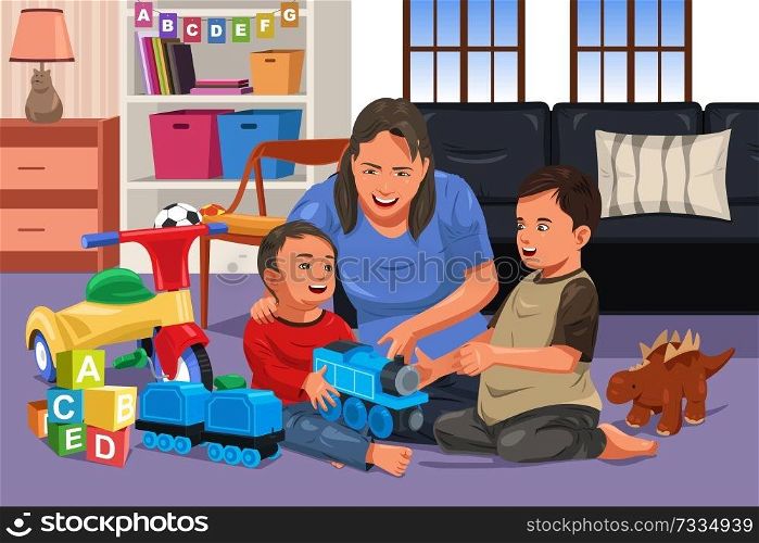 A vector illustration of mother playing with her happy kids together