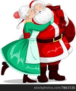 A vector illustration of mrs Claus kisses Santa on cheek and hugs him for christmas.&#xA;