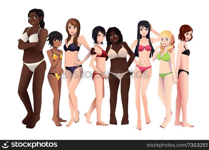 A vector illustration of multi-ethnic women in different body type posing in their underwear