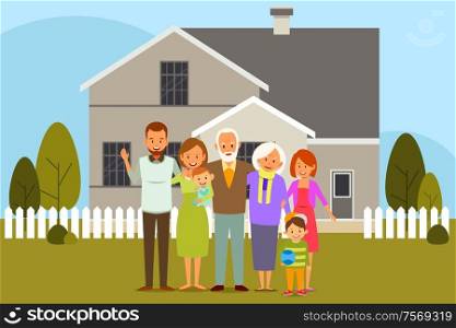 A vector illustration of Multi Generation Family in Front of a House