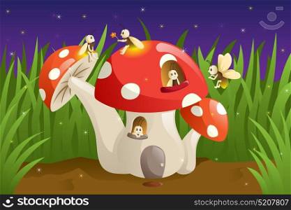 A vector illustration of mushroom house with fireflies
