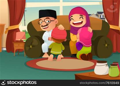 A vector illustration of Muslim Family Celebrating Eid Al Fitr