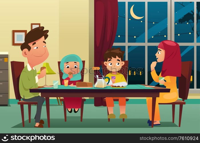 A vector illustration of Muslim Family Eating Dinner at Home