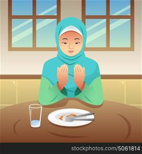 A vector illustration of Muslim Woman Praying After Eating