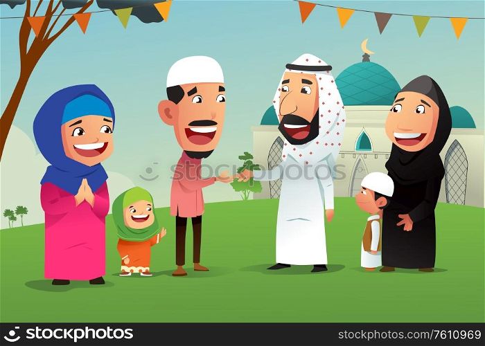A vector illustration of Muslims Celebrating Eid Al Fitr