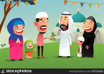 A vector illustration of Muslims Celebrating Eid Al Fitr