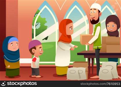 A vector illustration of Muslims Giving Donations to Poor People