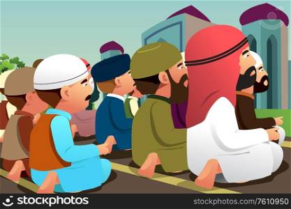 A vector illustration of Muslims Praying in a Mosque