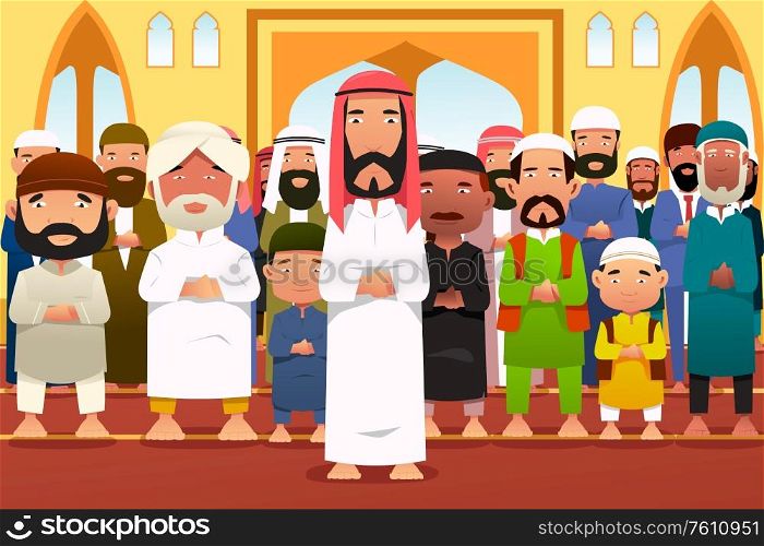 A vector illustration of Muslims Praying in a Mosque