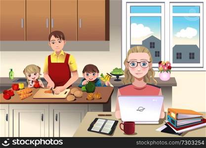 A vector illustration of of a modern family which dad prepares the dinner with his children while mom is working