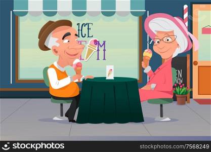 A vector illustration of old grandpa and grandma eating ice cream together