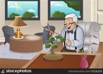 A vector illustration of old man taking care of his bonsai in his house