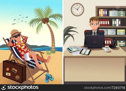 A vector illustration of one person going to work while the other one going on a vacation concept