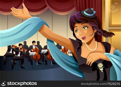 A vector illustration of opera singer singing on the stage