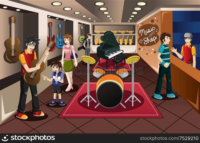 A vector illustration of parents with their kid buying musical instrument in a music store