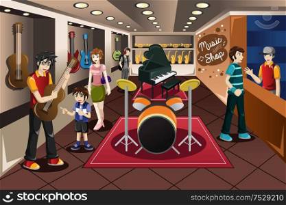 A vector illustration of parents with their kid buying musical instrument in a music store