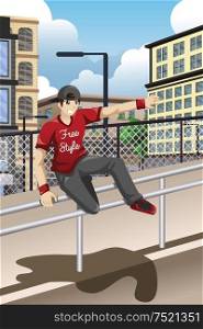 A vector illustration of parkour athlete jumping over a handrail