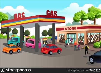 A vector illustration of People at Gas Station and Convenience Store