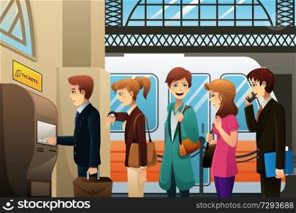 A vector illustration of people buying train ticket in a kiosk