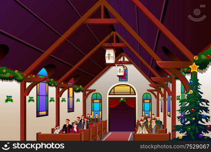 A vector illustration of people celebrating Christmas Eve inside the church