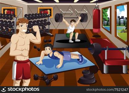 A vector illustration of people exercising in a gym