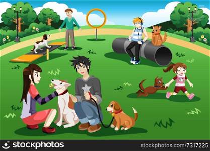 A vector illustration of people having fun in a dog park