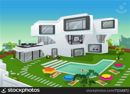A vector illustration of people in a modern style house
