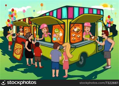 A vector illustration of people in food truck festival