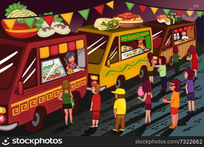 A vector illustration of people in food truck festival