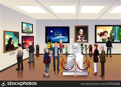A vector illustration of people inside a museum