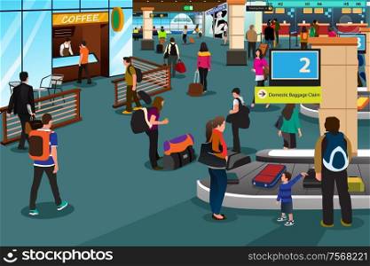 A vector illustration of people inside the airport scene