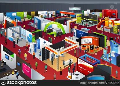 A vector illustration of people looking at an exhibition booths