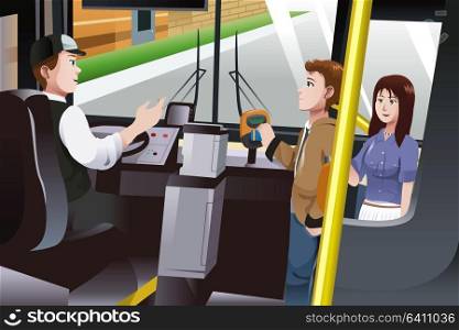 A vector illustration of people paying for bus fare
